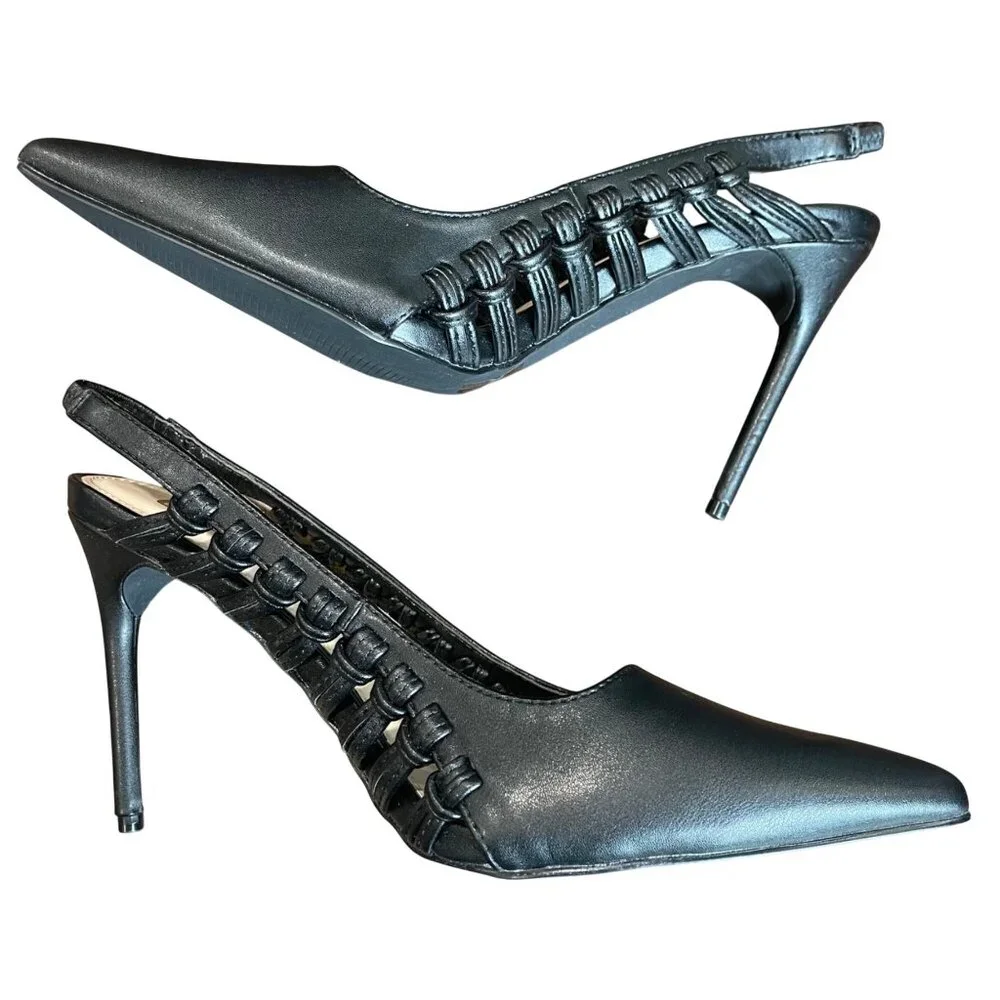 Lulus Syoosh Black Pointed‎ Toe Slingback Pumps Women's Size 8 Knotted Stiletto